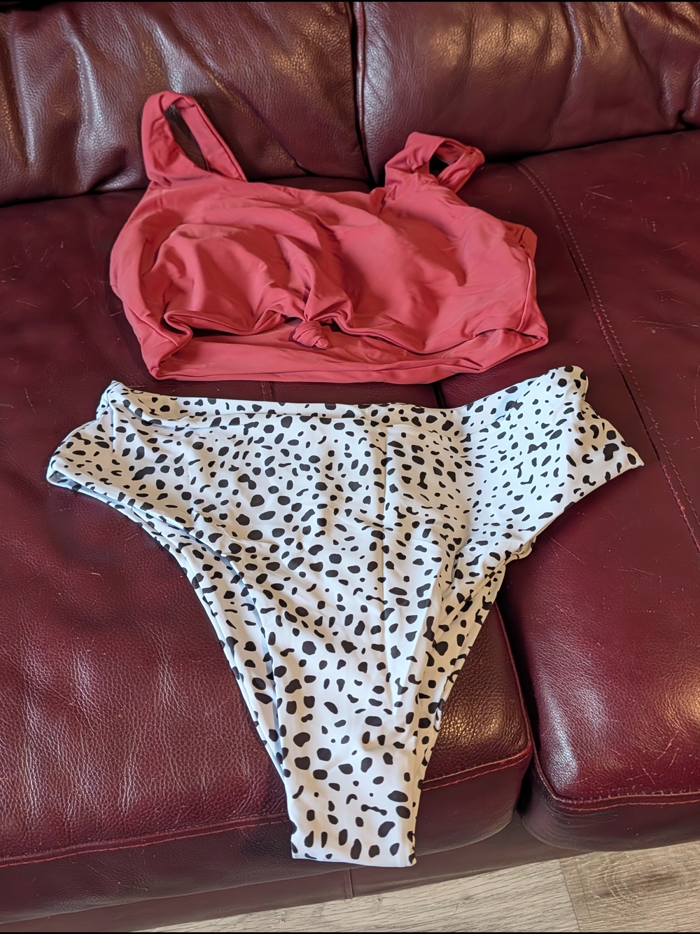 Two-Piece Women's Bikini Set — Rose Top & White Black-Spot Bottom